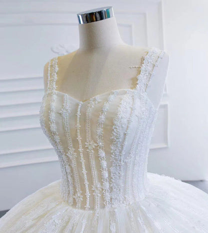 Wide Strap Beaded Ball Gown Lace Wedding Dresses VW1463-wedding dresses 2025 -Viniodress-Ivory-Custom Size-