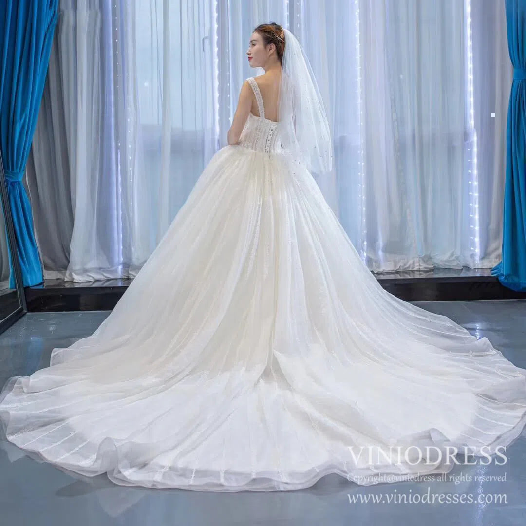 Wide Strap Beaded Ball Gown Lace Wedding Dresses VW1463-wedding dresses 2025 -Viniodress-Ivory-Custom Size-