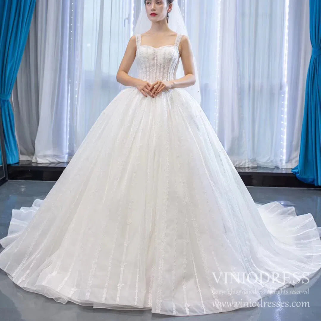 Wide Strap Beaded Ball Gown Lace Wedding Dresses VW1463-wedding dresses 2025 -Viniodress-Ivory-Custom Size-
