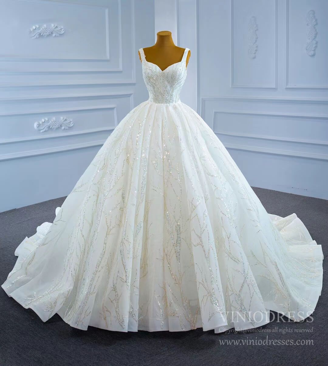 Wide Strap Beaded Wedding Dress Luxury Arabic Ball Gown 67246-wedding dresses 2025 -Viniodress-Ivory-Custom Size-