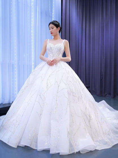 Wide Strap Beaded Wedding Dress Luxury Arabic Ball Gown 67246-wedding dresses 2025 -Viniodress-Ivory-Custom Size-