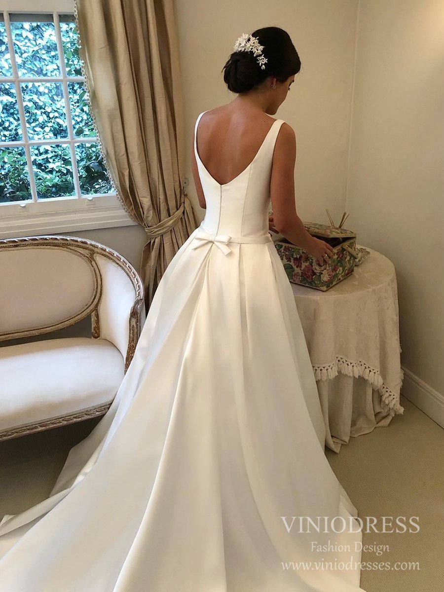 Wide Strap Square Neck Satin Wedding Dresses with Pockets VW1838-wedding dresses-Viniodress-Viniodress