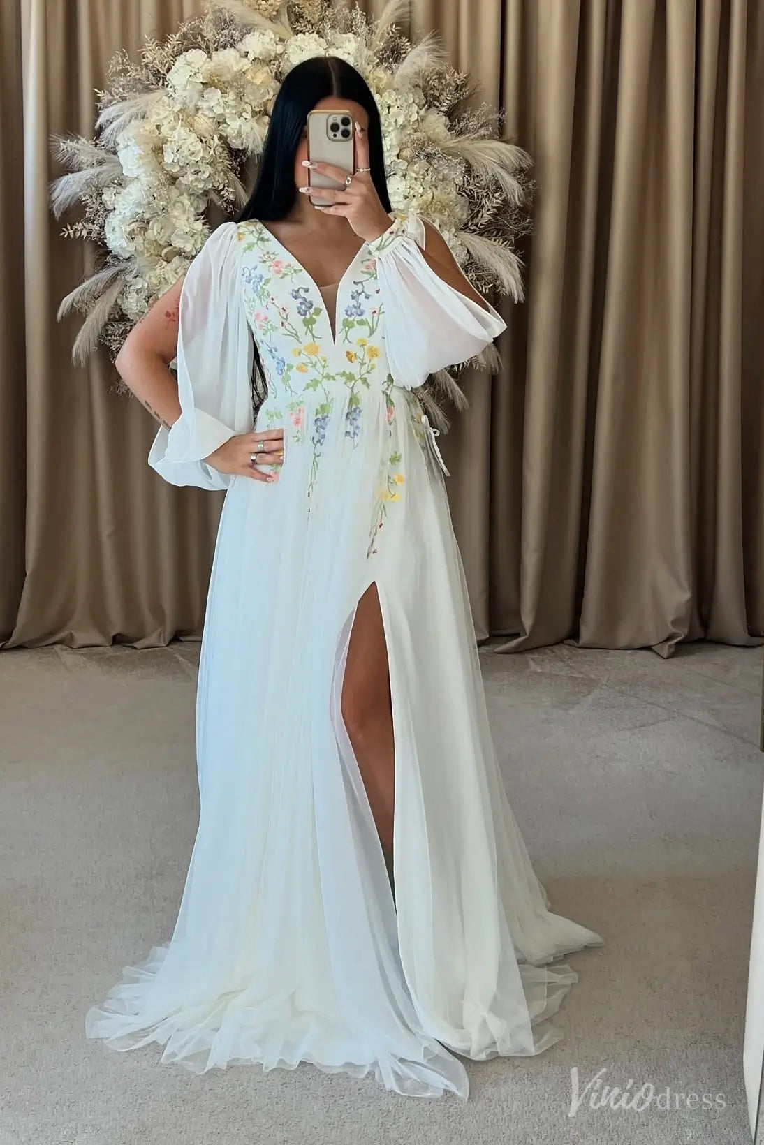 Wildflower Botanical Long Sleeve Wedding Dress | Chiffon & Tulle Gown with Side Slit FW209-wedding dresses 2025 -Viniodress-Ivory-Custom Size-