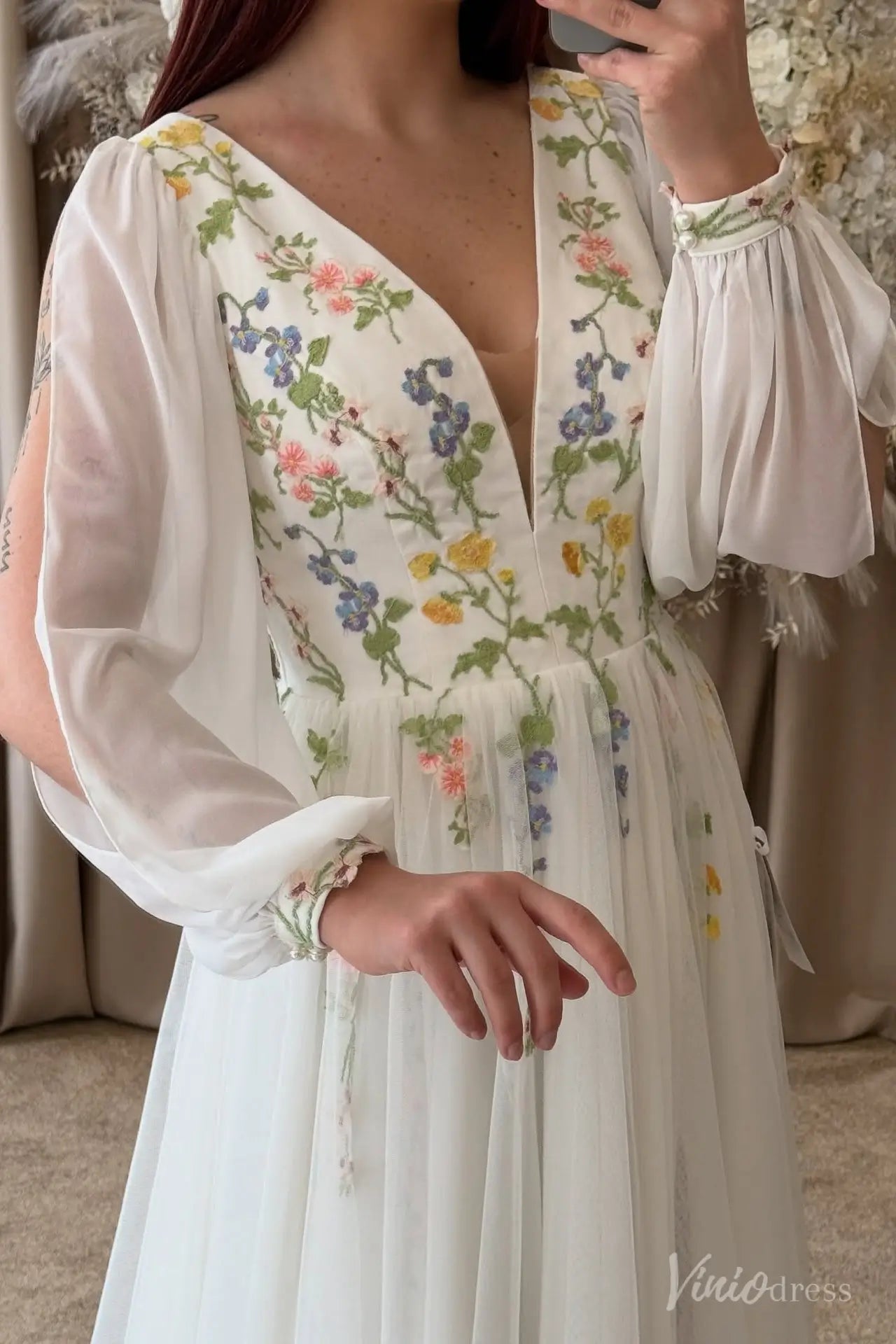 Wildflower Botanical Long Sleeve Wedding Dress | Chiffon & Tulle Gown with Side Slit FW209-wedding dresses 2025 -Viniodress-Ivory-Custom Size-