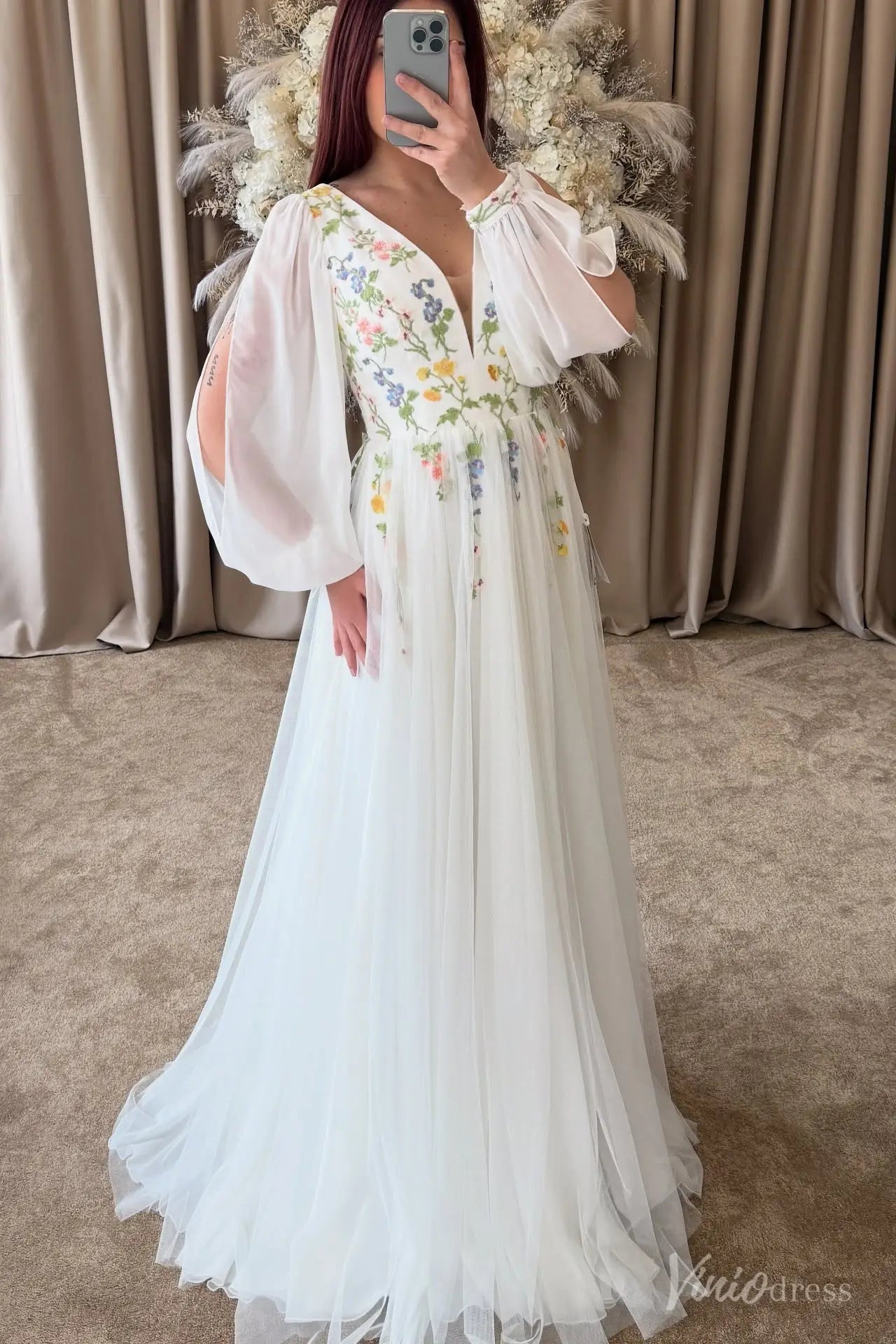 Wildflower Botanical Long Sleeve Wedding Dress | Chiffon & Tulle Gown with Side Slit FW209-wedding dresses 2025 -Viniodress-Ivory-Custom Size-