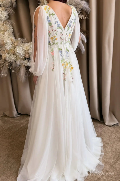 Wildflower Botanical Long Sleeve Wedding Dress | Chiffon & Tulle Gown with Side Slit FW209-wedding dresses 2025 -Viniodress-Ivory-Custom Size-