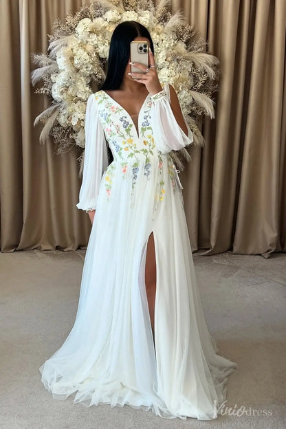Wildflower Botanical Long Sleeve Wedding Dress | Chiffon & Tulle Gown with Side Slit FW209-wedding dresses 2025 -Viniodress-Ivory-Custom Size-