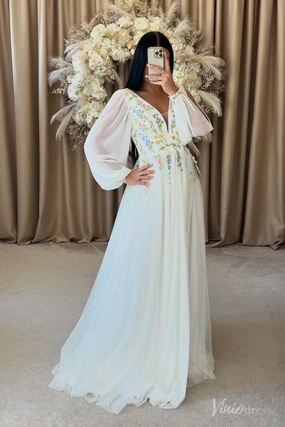 Wildflower Botanical Long Sleeve Wedding Dress | Chiffon & Tulle Gown with Side Slit FW209-wedding dresses 2025 -Viniodress-Ivory-Custom Size-