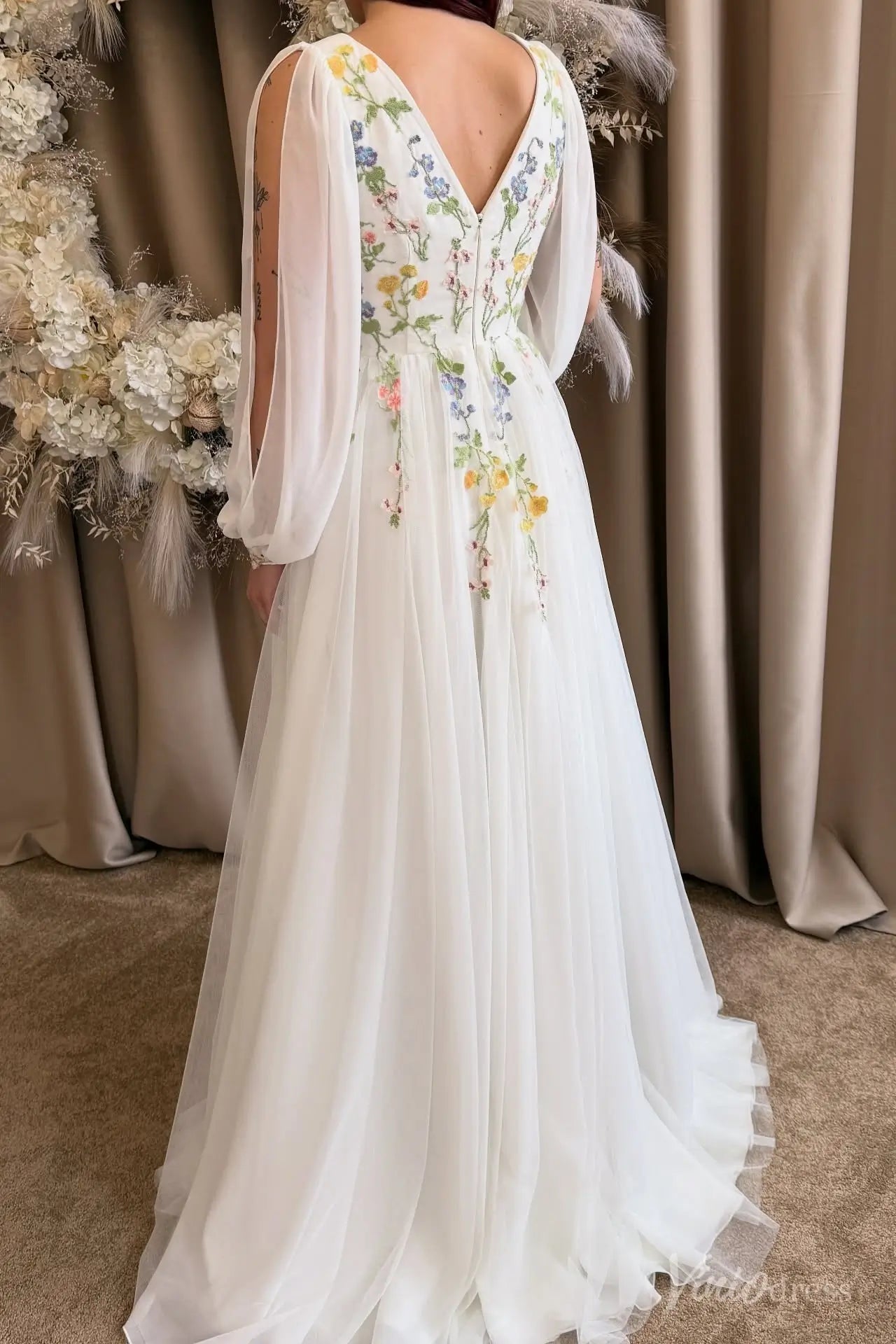 Wildflower Botanical Long Sleeve Wedding Dress | Chiffon & Tulle Gown with Side Slit FW209-wedding dresses 2025 -Viniodress-Ivory-Custom Size-