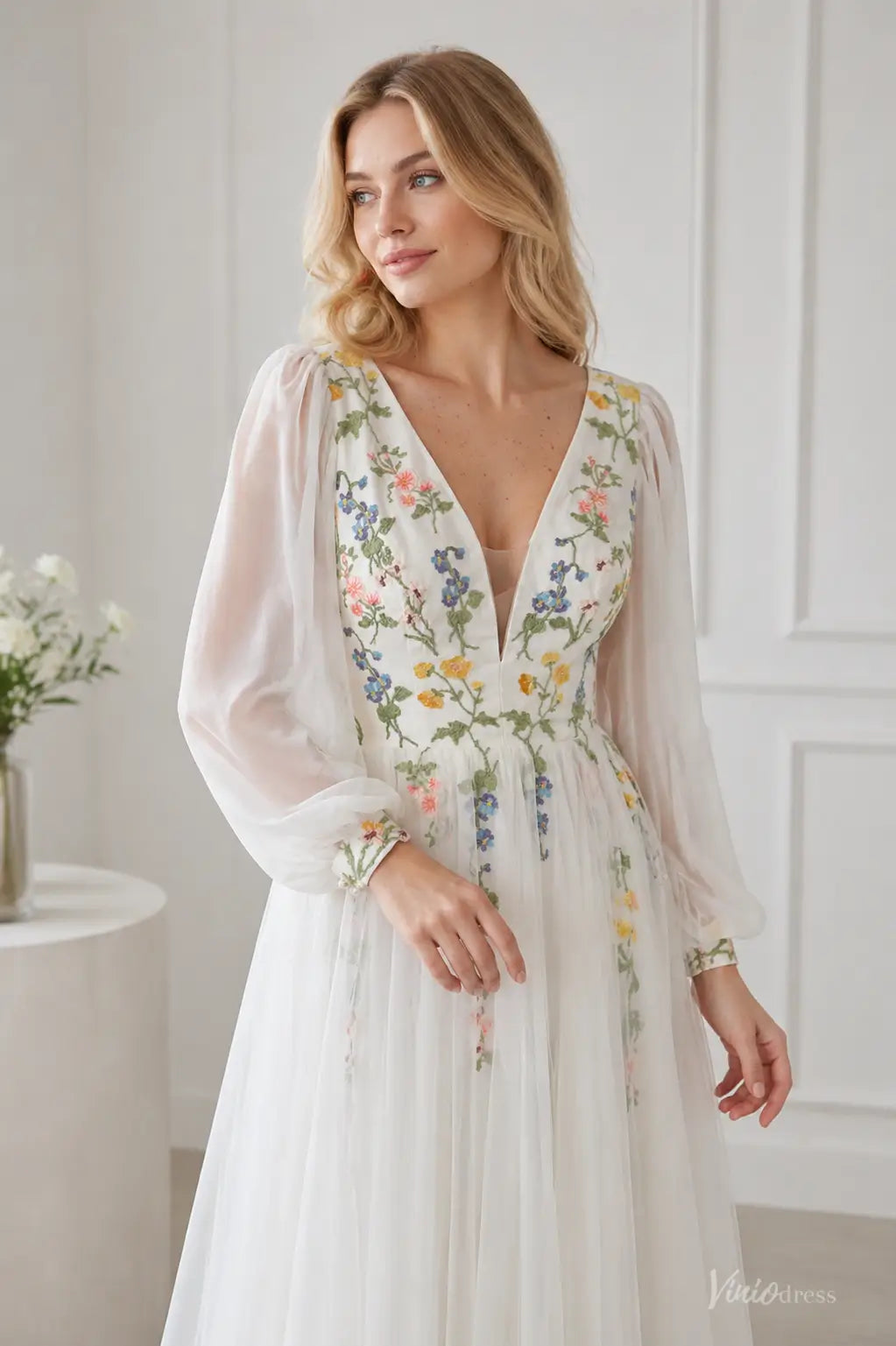 Wildflower Botanical Long Sleeve Wedding Dress | Chiffon & Tulle Gown with Side Slit FW209-wedding dresses 2026-Viniodress-Ivory-Custom Size – Add Measurements in Cart-