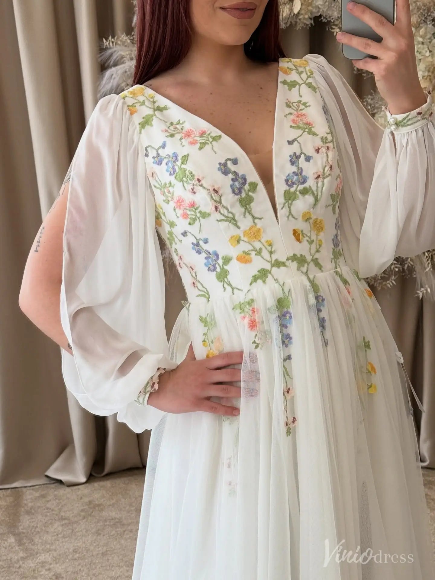 Wildflower Botanical Long Sleeve Wedding Dress | Chiffon & Tulle Gown with Side Slit FW209-wedding dresses 2025 -Viniodress-Ivory-Custom Size-