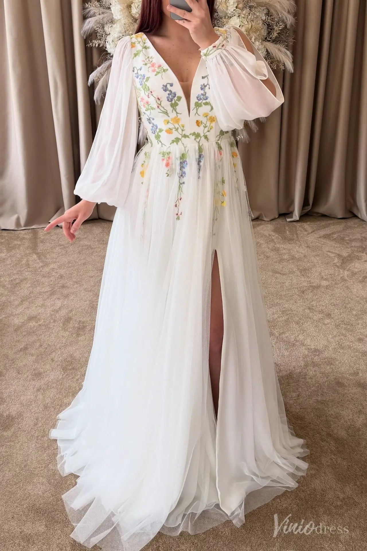 Wildflower Botanical Long Sleeve Wedding Dress | Chiffon & Tulle Gown with Side Slit FW209-wedding dresses 2025 -Viniodress-Ivory-Custom Size-