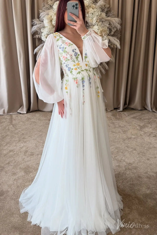 Wildflower Botanical Long Sleeve Wedding Dress | Chiffon & Tulle Gown with Side Slit FW209-wedding dresses 2025 -Viniodress-Ivory-Custom Size-