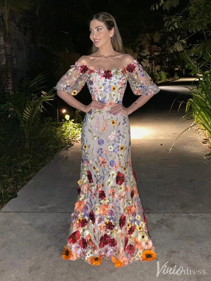 Wildflower Mermaid Formal Dress Half Sleeve Colorful Wedding Dress– IS009-prom dresses 2025 -Viniodress-Floral-Custom Size-