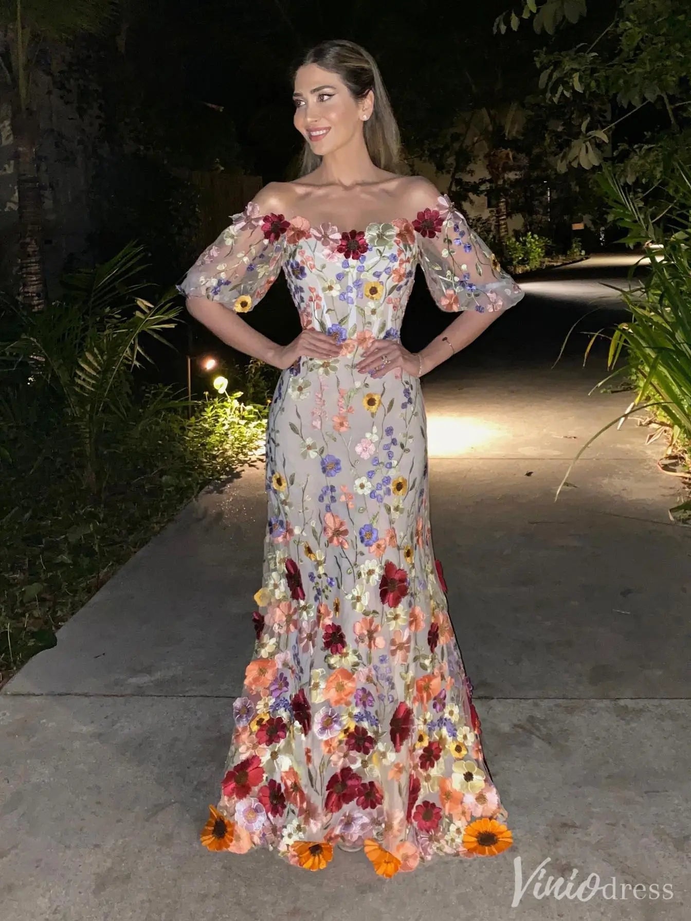 Wildflower Mermaid Formal Dress Half Sleeve Colorful Wedding Dress– IS009-prom dresses 2025 -Viniodress-Floral-Custom Size-