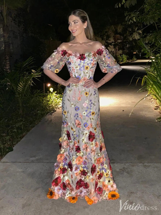 Wildflower Mermaid Formal Dress Half Sleeve Colorful Wedding Dress– IS009-prom dresses 2025 -Viniodress-Floral-Custom Size-