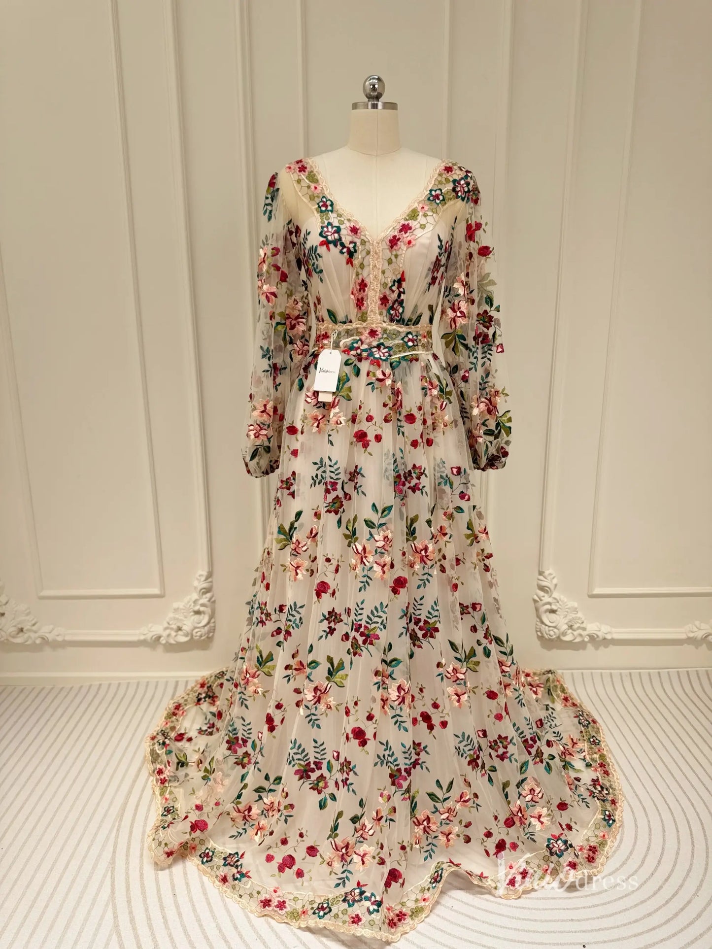 Wildflower Wedding Dress with Long Sleeve Colorful Floral Embroidery Photography Dress FW106-wedding dresses 2025 -Viniodress-Champagne-Custom Size-