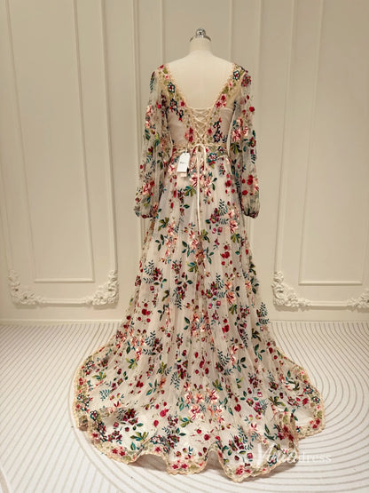 Wildflower Wedding Dress with Long Sleeve Colorful Floral Embroidery Photography Dress FW106-wedding dresses 2025 -Viniodress-Champagne-Custom Size-