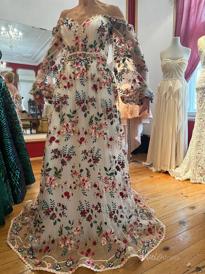 Wildflower Wedding Dress with Long Sleeve Colorful Floral Embroidery Photography Dress FW106-wedding dresses 2025 -Viniodress-Champagne-Custom Size-