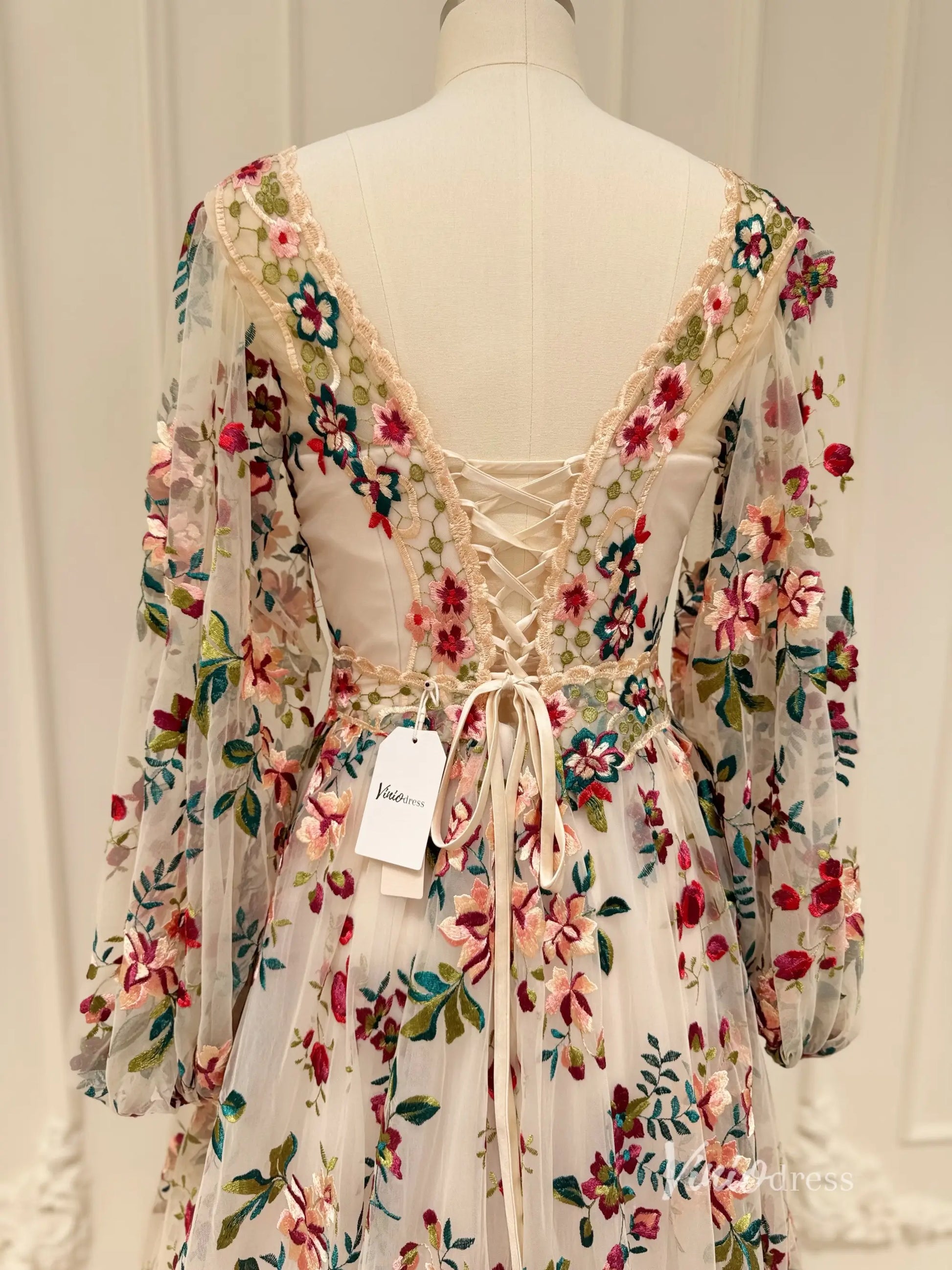 Wildflower Wedding Dress with Long Sleeve Colorful Floral Embroidery Photography Dress FW106-wedding dresses 2025 -Viniodress-Champagne-Custom Size-