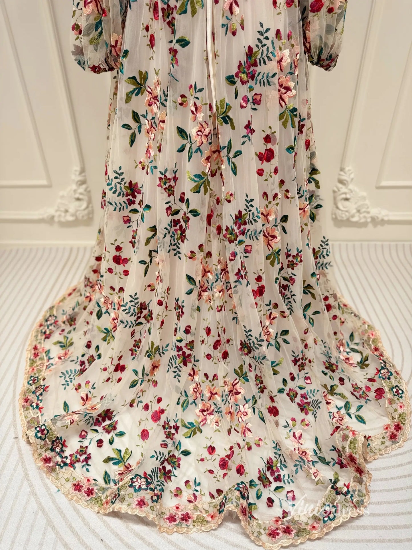 Wildflower Wedding Dress with Long Sleeve Colorful Floral Embroidery Photography Dress FW106-wedding dresses 2025 -Viniodress-Champagne-Custom Size-