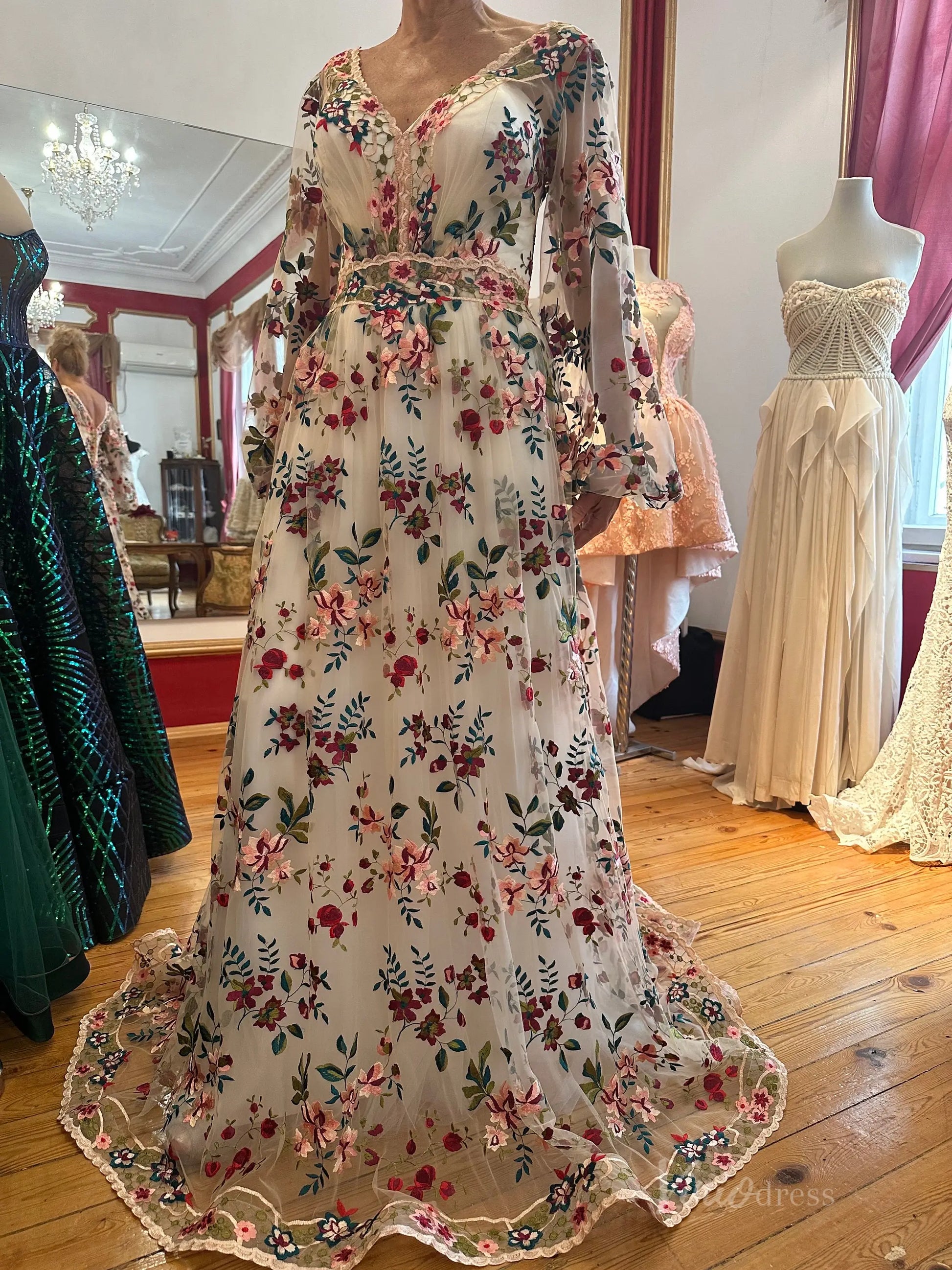 Wildflower Wedding Dress with Long Sleeve Colorful Floral Embroidery Photography Dress FW106-wedding dresses 2025 -Viniodress-Champagne-Custom Size-