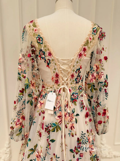 Wildflower Wedding Dress with Long Sleeve Colorful Floral Embroidery Photography Dress FW106-wedding dresses 2025 -Viniodress-Champagne-Custom Size-