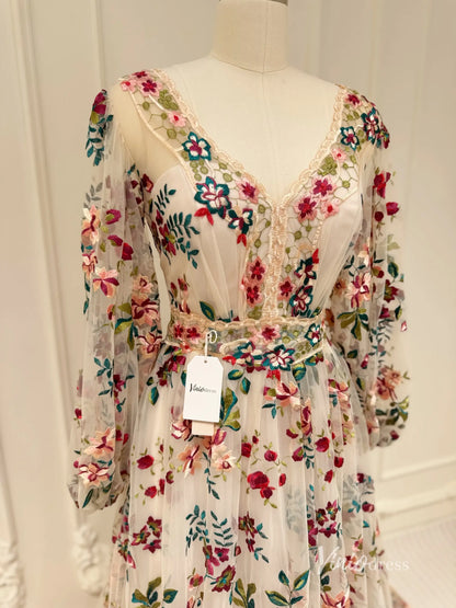 Wildflower Wedding Dress with Long Sleeve Colorful Floral Embroidery Photography Dress FW106-wedding dresses 2025 -Viniodress-Champagne-Custom Size-