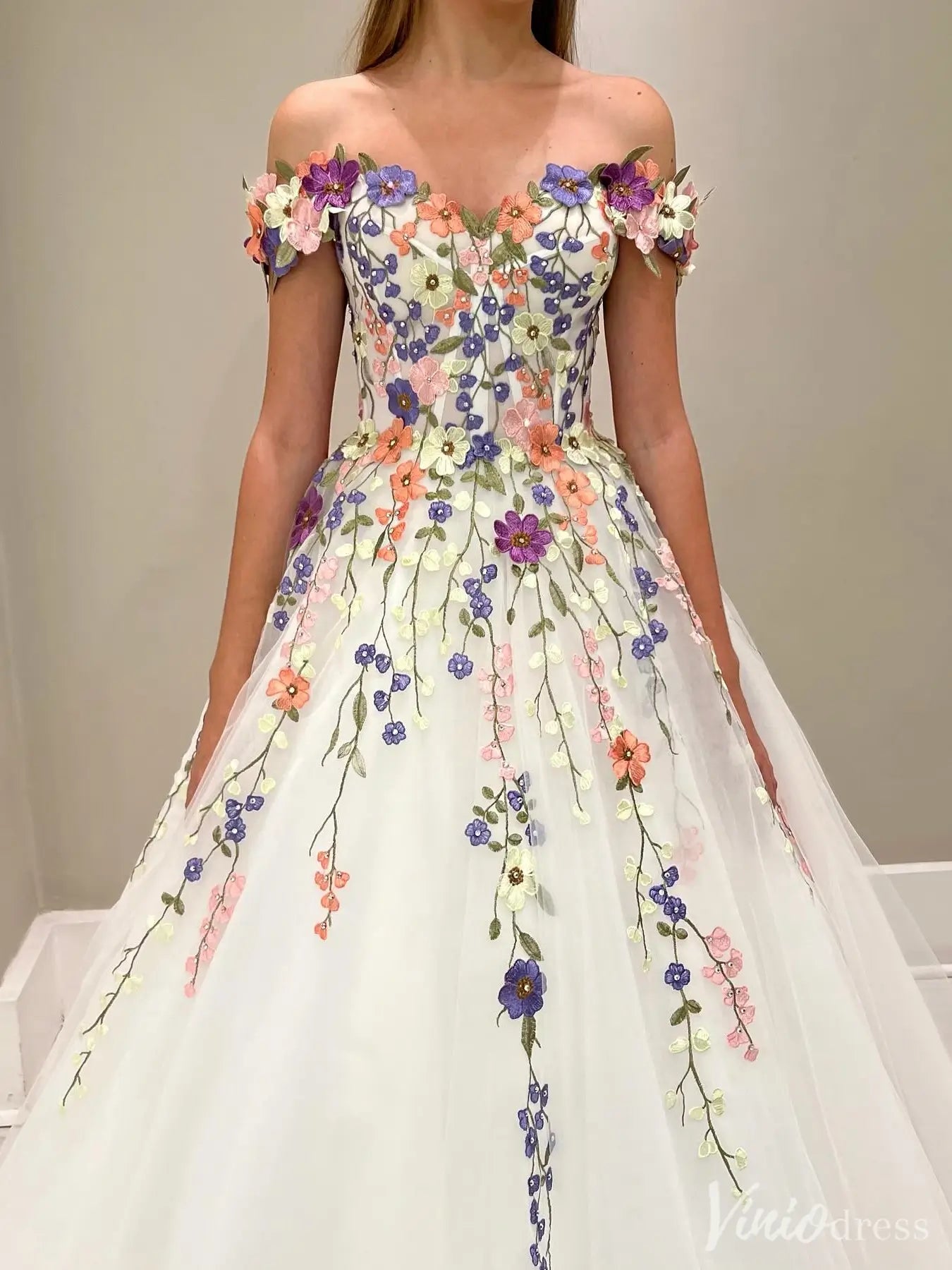 Wildflower Wedding Dresses White Off the Shoulder Whimsical Floral Ball Gown| IS002-wedding dresses 2025 -Viniodress-Ivory-Custom Size-