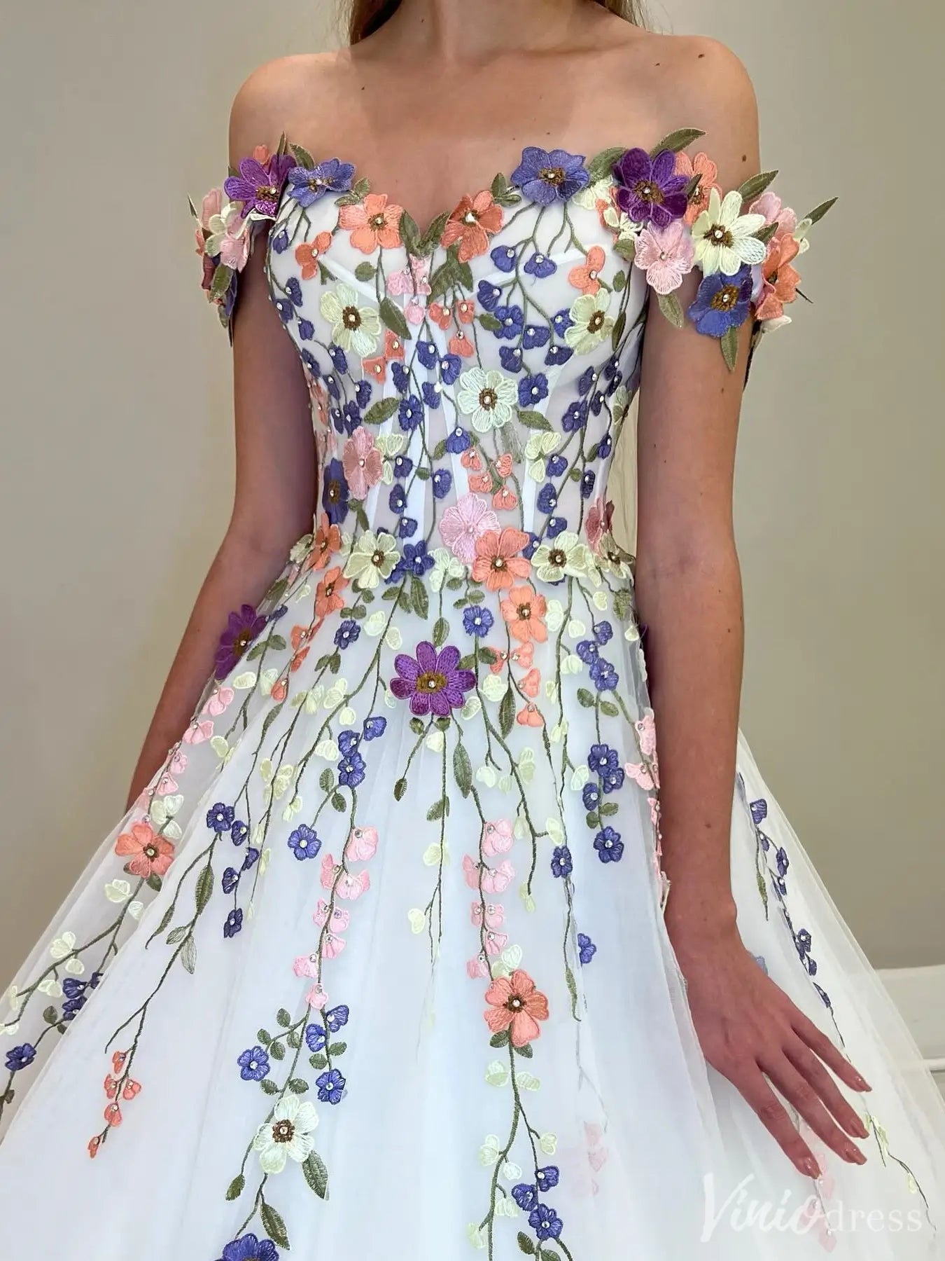 Wildflower Wedding Dresses White Off the Shoulder Whimsical Floral Bal – Viniodress Wildflower Wedding Dresses White Off the Shoulder Whimsical Floral Bal – Viniodress