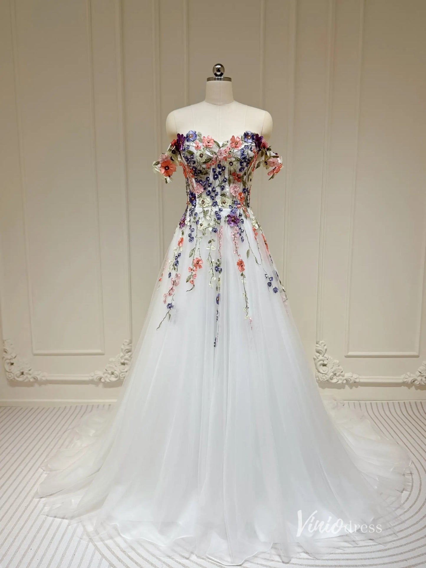 Wildflower Wedding Dresses White Off the Shoulder Whimsical Floral Ball Gown| IS002-wedding dresses 2025 -Viniodress-Ivory-Custom Size-