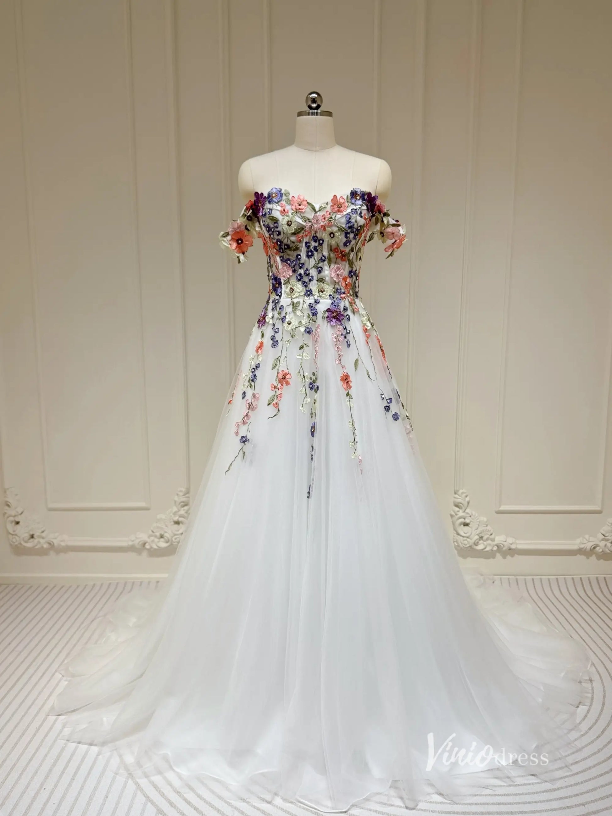 Wildflower Wedding Dresses White Off the Shoulder Whimsical Floral Ball Gown| IS002-wedding dresses 2025 -Viniodress-Ivory-Custom Size-