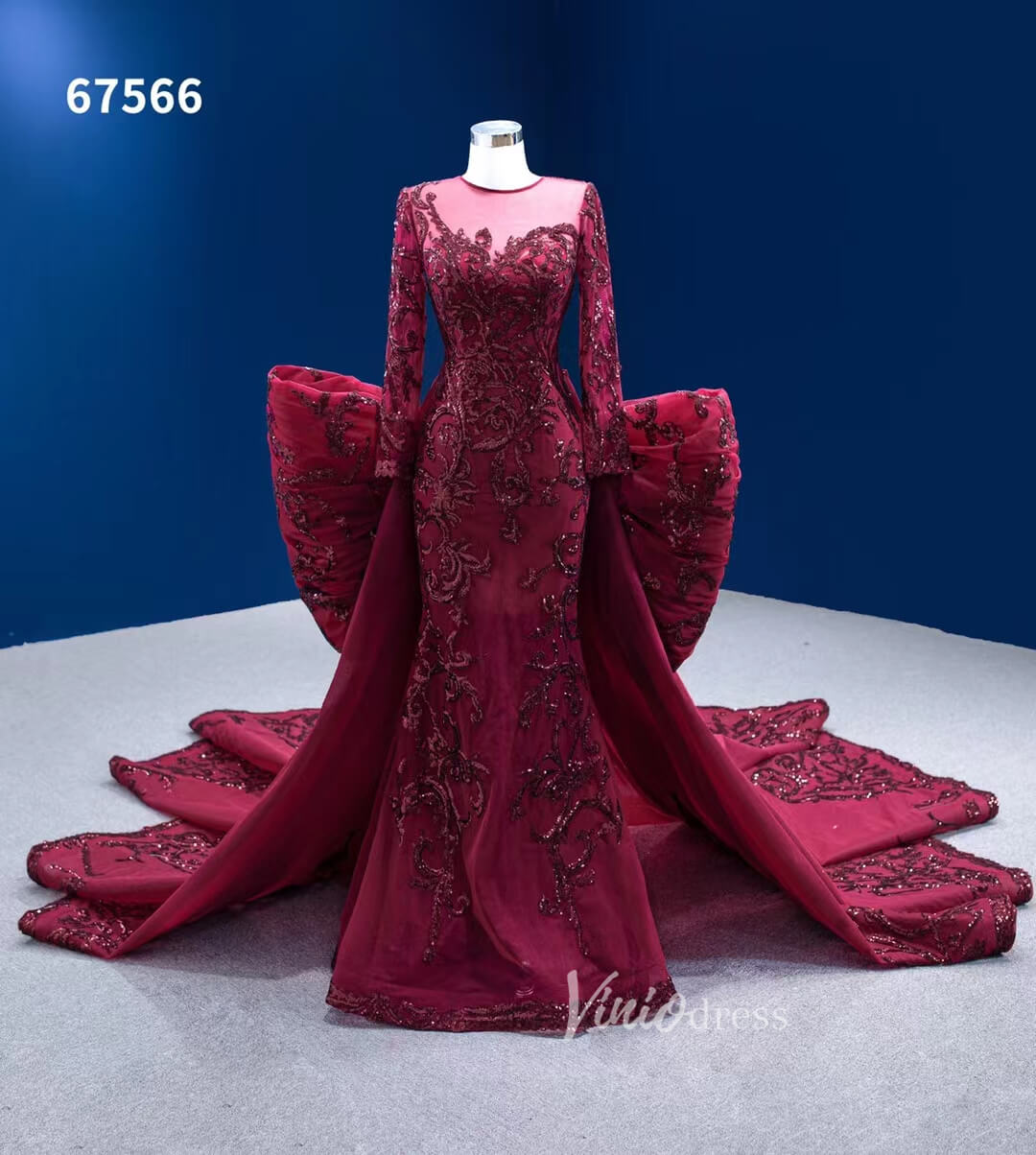 Wine Red Mermaid Wedding Gown Convertible Pageant Dresses Detachable Train 67566-wedding dresses 2025 -Viniodress-Burgundy-Custom Size-
