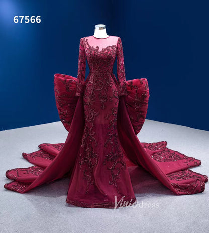 Wine Red Mermaid Wedding Gown Convertible Pageant Dresses Detachable Train 67566-wedding dresses 2025 -Viniodress-Burgundy-Custom Size-