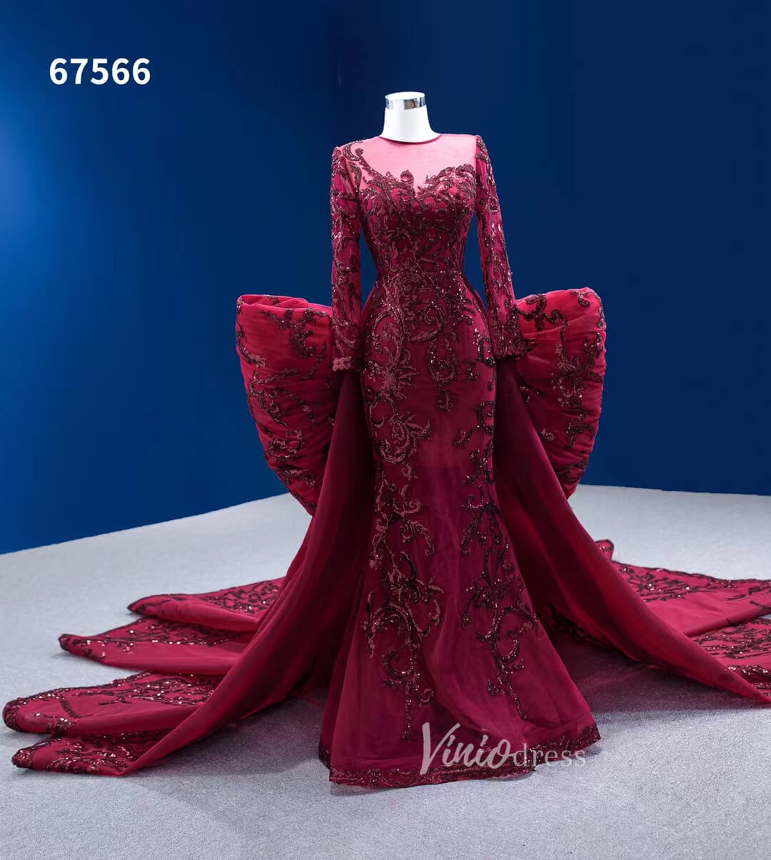 Wine Red Mermaid Wedding Gown Convertible Pageant Dresses Detachable Train 67566-wedding dresses 2025 -Viniodress-Burgundy-Custom Size-