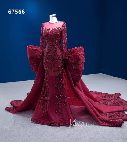 Wine Red Mermaid Wedding Gown Convertible Pageant Dresses Detachable Train 67566-wedding dresses 2025 -Viniodress-Burgundy-Custom Size-