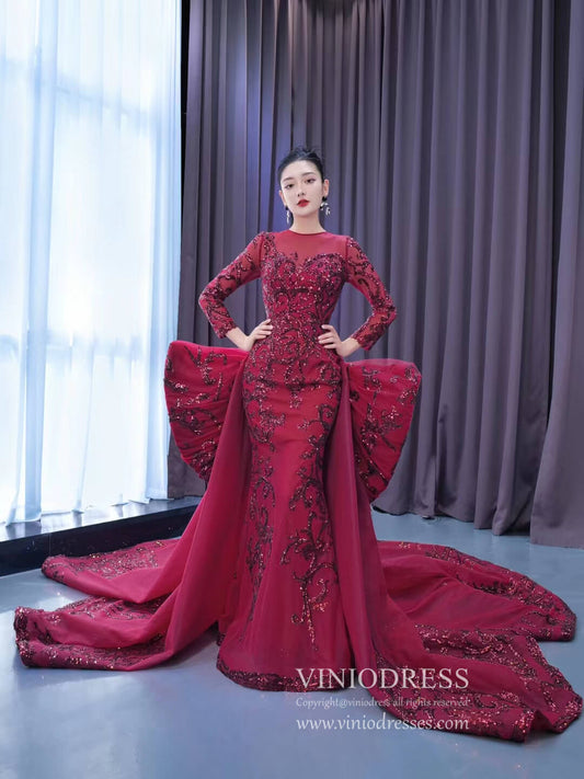 Wine Red Mermaid Wedding Gown Convertible Pageant Dresses Detachable Train 67566-wedding dresses 2025 -Viniodress-Burgundy-Custom Size-