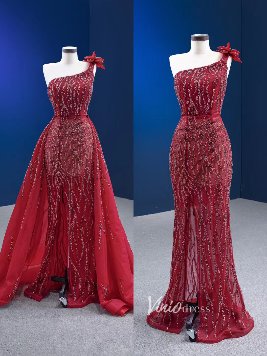 Wine Red Pageant Dress with Slit Removable Overskirt Formal Dresses 222179-Evening Dresses 2025 -Viniodress-Burgundy-Custom Size-
