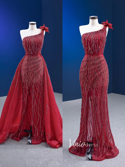 Wine Red Pageant Dress with Slit Removable Overskirt Formal Dresses 222179-Evening Dresses 2025 -Viniodress-Burgundy-Custom Size-