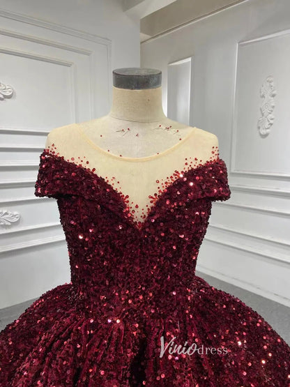 Wine Red Shiny Ball Gown for Women 66991 Round Neck, Cap Sleeve-prom dresses 2025 -Viniodress-Burgundy-Custom Size-
