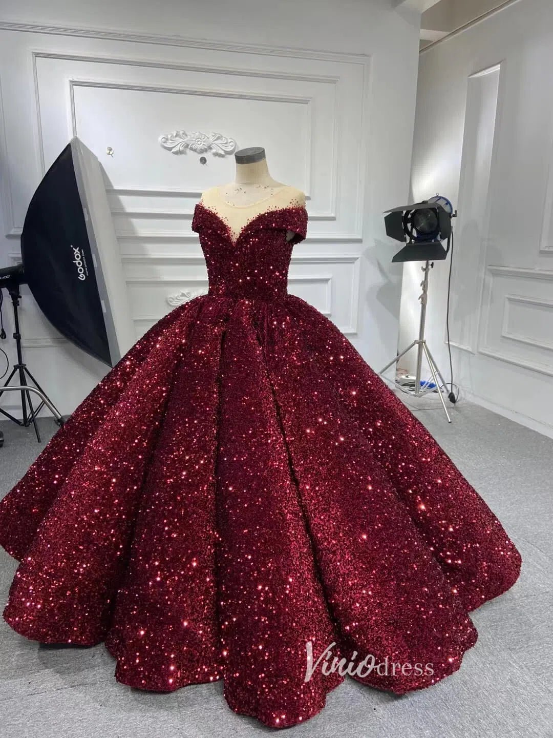 Wine Red Shiny Ball Gown for Women 66991 Round Neck, Cap Sleeve-prom dresses 2025 -Viniodress-Burgundy-Custom Size-