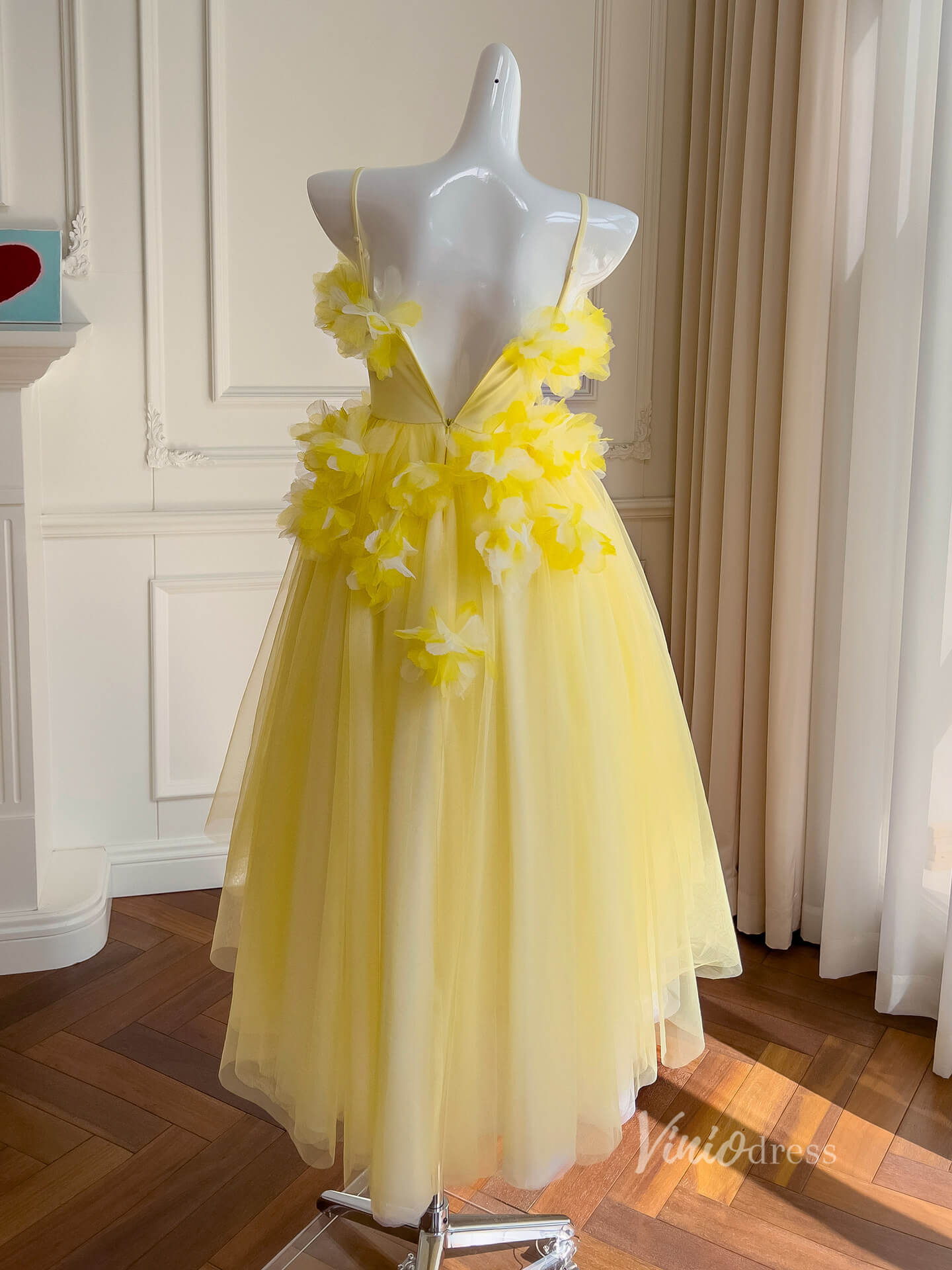 Yellow 3D Flower Short Prom Dresses Spaghetti Strap Floral High Low Dress FD4019 - Viniodressprom dressesYellowCustom Size - Formal Dresses - Ball Gowns