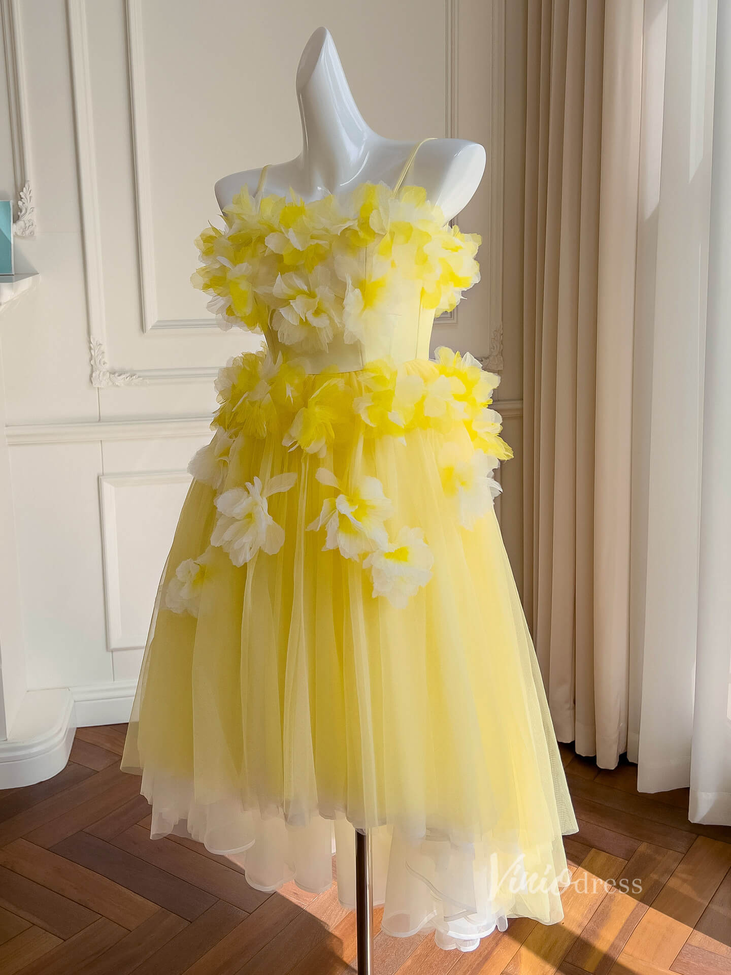 Yellow 3D Flower Short Prom Dresses Spaghetti Strap Floral High Low Dress FD4019 - Viniodressprom dressesYellowCustom Size - Formal Dresses - Ball Gowns