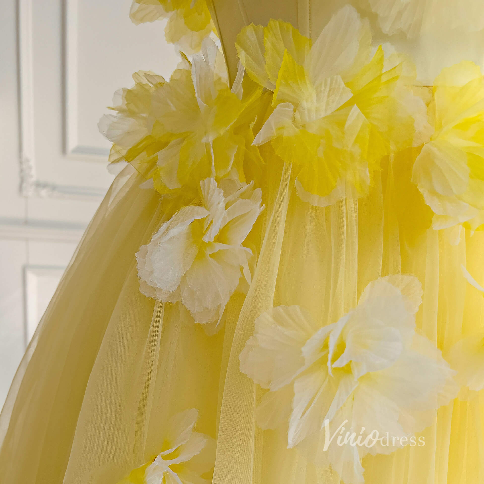 Yellow 3D Flower Short Prom Dresses Spaghetti Strap Floral High Low Dress FD4019 - Viniodressprom dressesYellowCustom Size - Formal Dresses - Ball Gowns