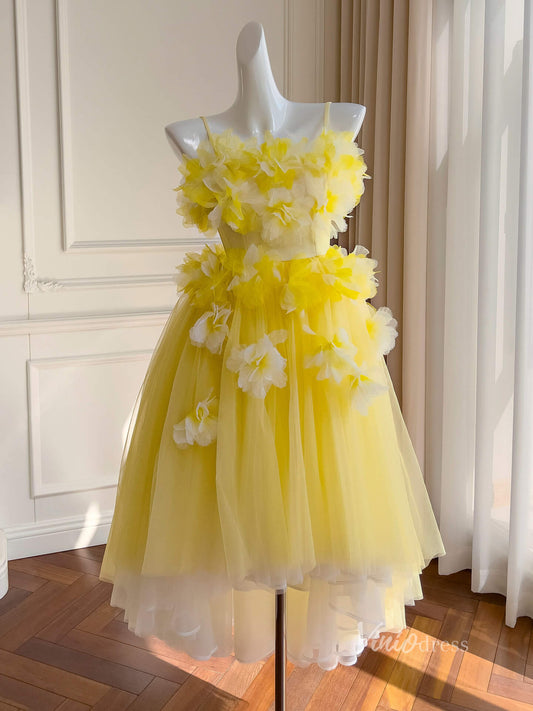 Yellow 3D Flower Short Prom Dresses Spaghetti Strap Floral High Low Dress FD4019 - Viniodressprom dressesYellowCustom Size - Formal Dresses - Ball Gowns