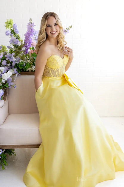 Yellow Beaded Corset Satin Ball Gown Prom Dress with Bow & Pockets – AS063-prom dresses 2026-Viniodress-Yellow-Custom Size-