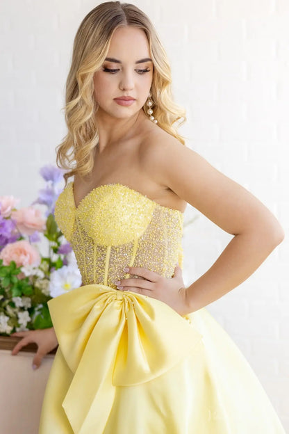 Yellow Beaded Corset Satin Ball Gown Prom Dress with Bow & Pockets – AS063-prom dresses 2026-Viniodress-Yellow-Custom Size-