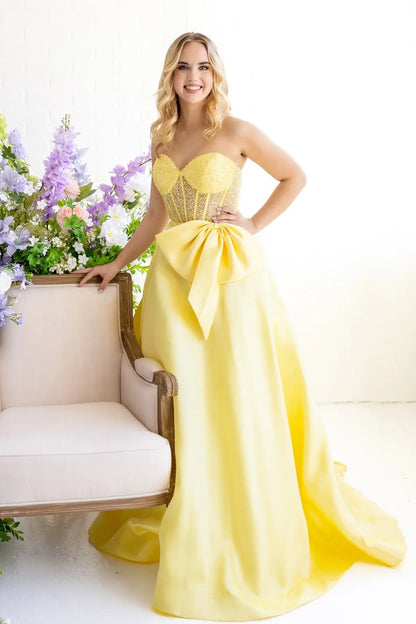 Yellow Beaded Corset Satin Ball Gown Prom Dress with Bow & Pockets – AS063-prom dresses 2026-Viniodress-Yellow-Custom Size-