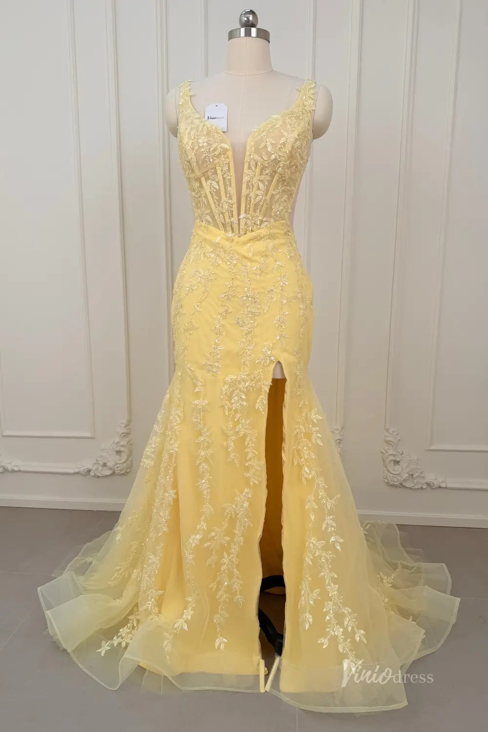 Yellow Beaded Lace Corset Mermaid Prom Dress with Deep V Neck & High Slit – LP004-prom dresses 2026-Viniodress-Yellow-Custom Size – Add Measurements in Cart-