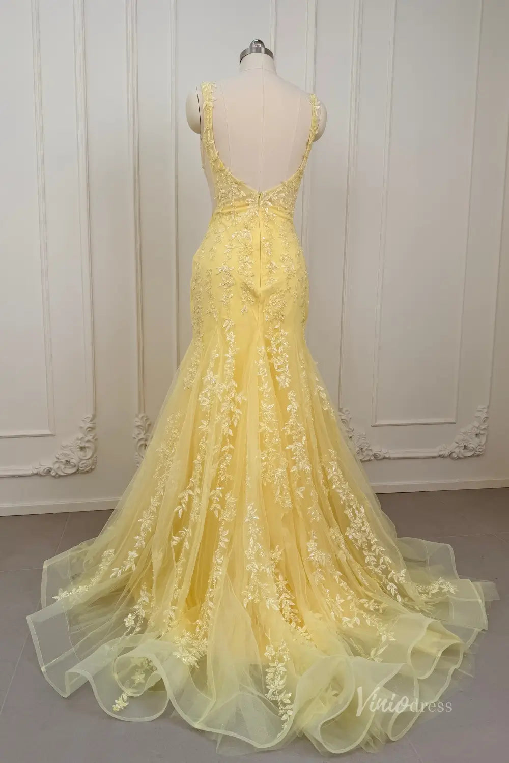 Yellow Beaded Lace Corset Mermaid Prom Dress with Deep V Neck & High Slit – LP004-prom dresses 2026-Viniodress-Yellow-Custom Size – Add Measurements in Cart-